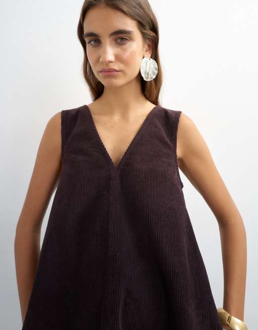 Topshop denim cord pinny v neck mini dress in chocolate, 4 of 4