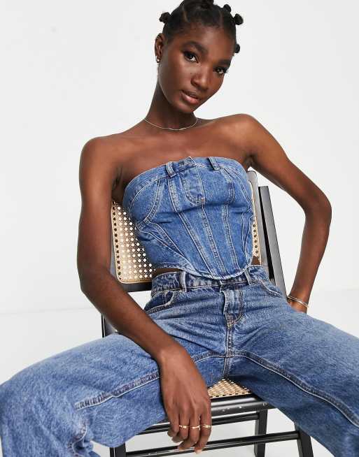 Denim store bustier top