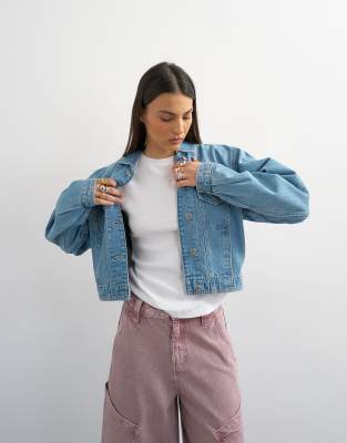 Topshop Denim Cropped Padded Shoulder Jacket In Blue