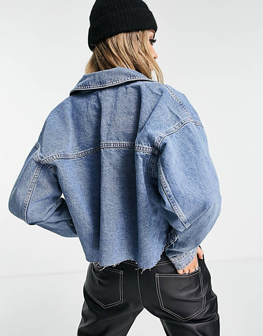 Women Shirts & Blouses/Topshop denim cropped shacket in mid blue 
