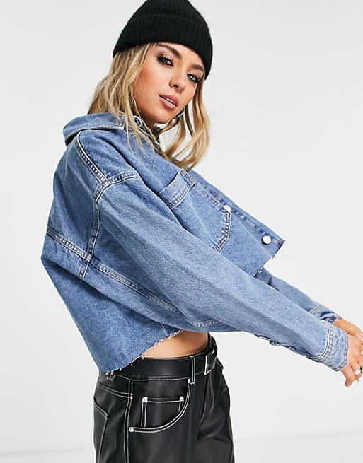 Women Shirts & Blouses/Topshop denim cropped shacket in mid blue 