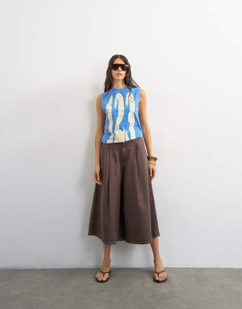 Topshop Denim-Culotte mit Falten in Braun - view 1