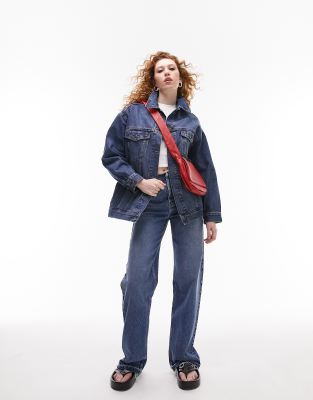 Topshop Carpenter Lined Denim Jacket In Mid Blue