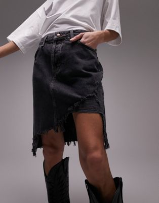 Topshop denim distressed rip skirt in slate