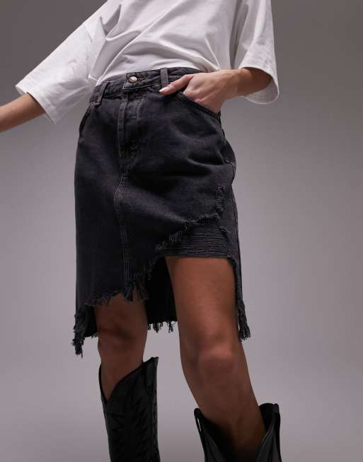 Topshop denim distressed rip skirt in slate ASOS