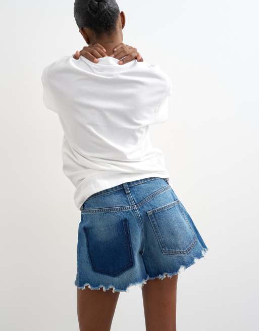 Topshop denim distressed split a-line short in rich blue, 3 of 5