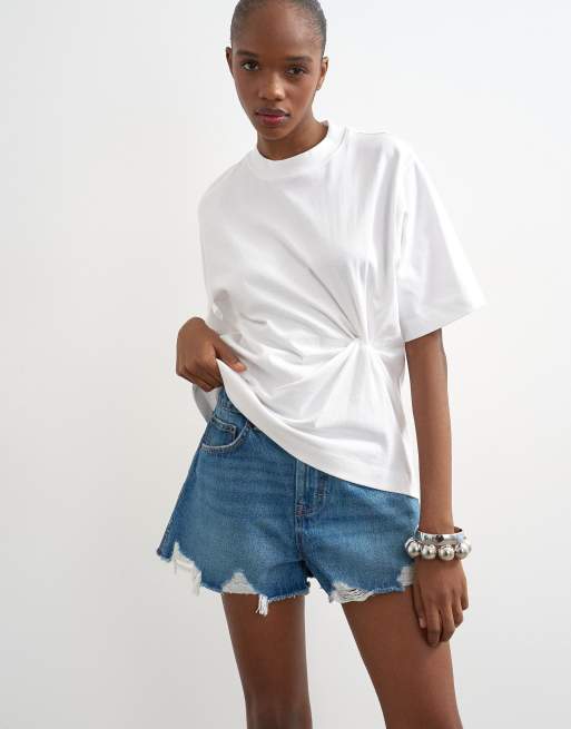 Topshop denim distressed split a-line short in rich blue, 4 of 5