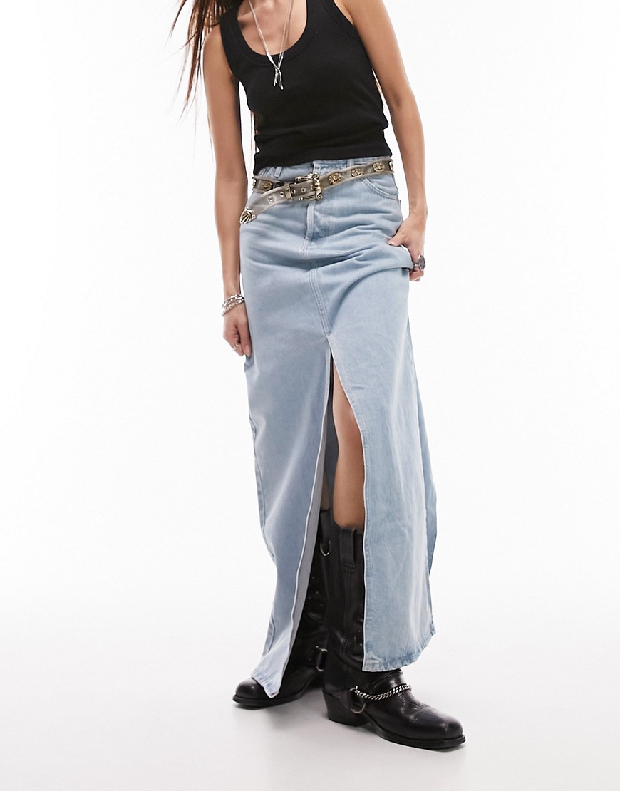 Topshop denim double split maxi skirt in bleach-Blue
