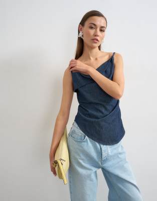 Topshop Denim Draped Neck Ruched Top In Blue