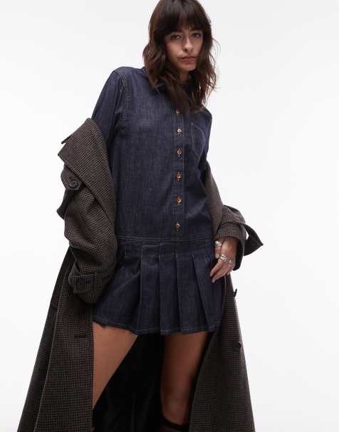 Topshop denim dropped hem long sleeve dress with pleats in raw look indigo