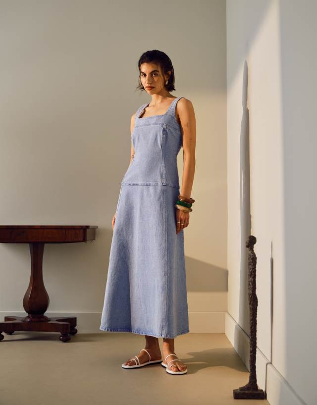 Topshop Denim Dropped Waist Midi Dress in bleach-Blue