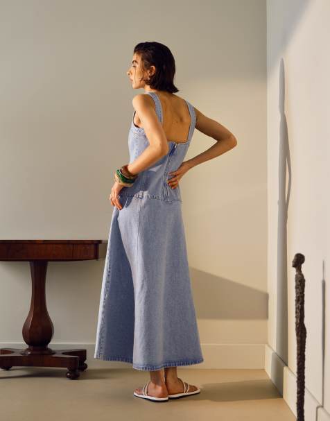 Topshop denim dropped waist midi dress in bleach - view 2