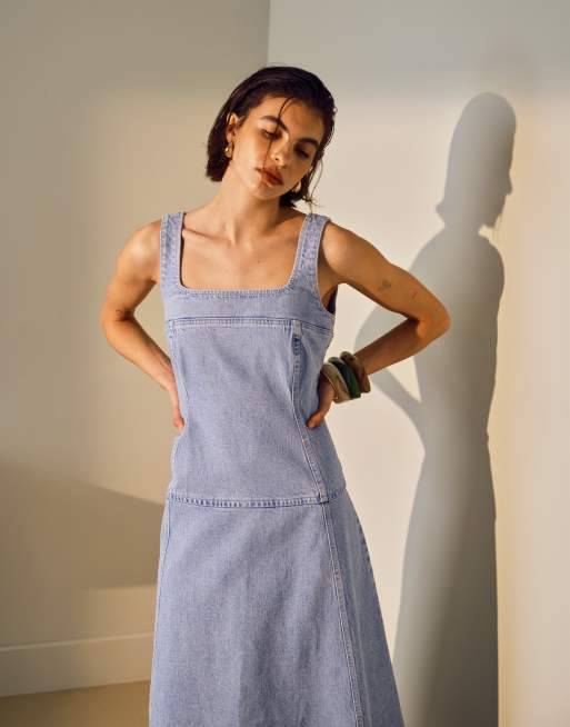 topshop denim midi dress Dropped waist structured denim midi dress in rinse