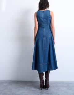 Model wearing Denim dropped waist seam detail maxi dress in mid blue