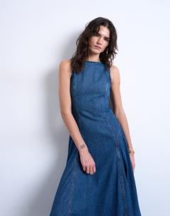 Model wearing Denim dropped waist seam detail maxi dress in mid blue