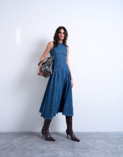 Topshop denim dropped waist seam detailing midi dress in mid blue - view 1