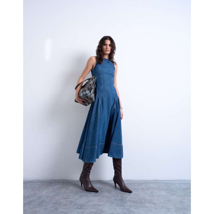Topshop denim dropped waist seam detailing midi dress in mid blue | ASOS