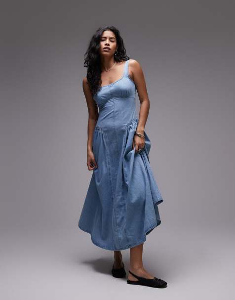 Topshop denim dropped waist seamed midi dress in bleach - view 1