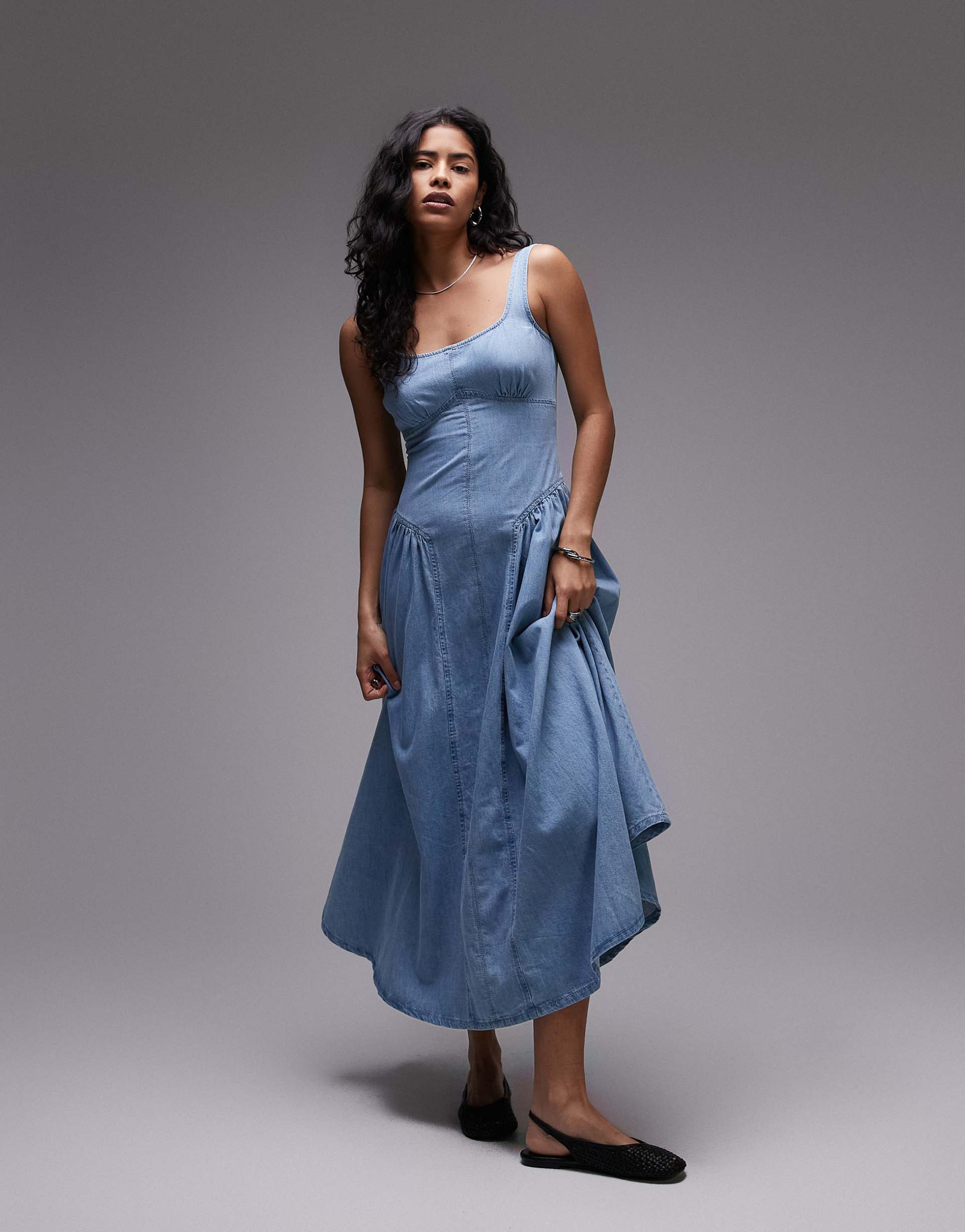 topshop denim dropped waist seamed midi dress in bleach