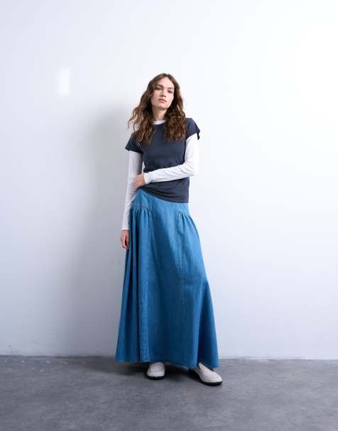 Topshop denim dropwaist maxi skirt in blue - view 1
