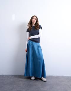 Denim dropwaist maxi skirt in blue