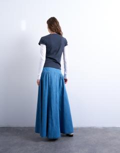 Model wearing Denim dropwaist maxi skirt in blue