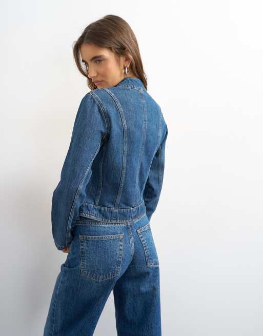 Topshop denim drummer boy jacket in rich blue, 4 of 4