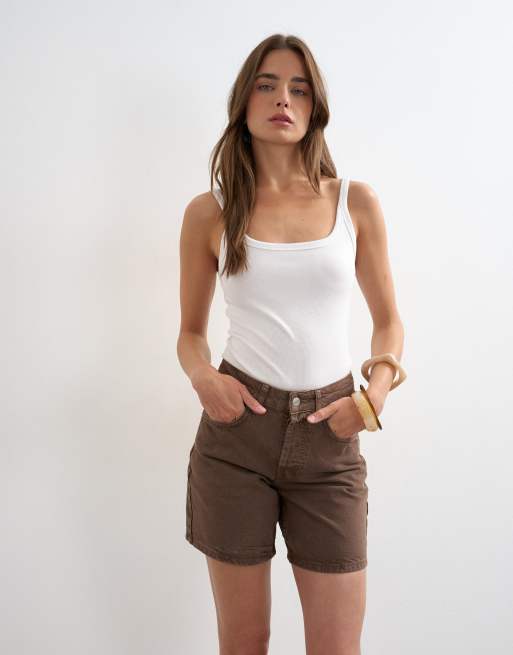 Topshop denim Editor short in brown, 5 of 5