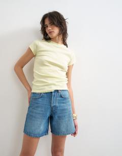 Model wearing Denim Editor short in mid blue