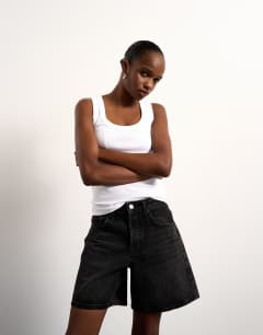 Model wearing Denim Editor short in washed black