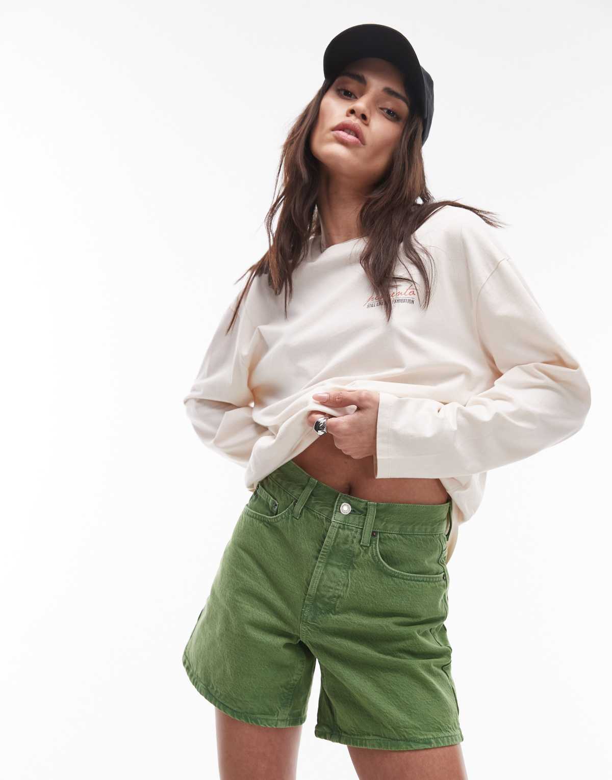 Topshop denim Editor shorts in green