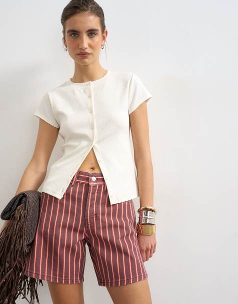 Topshop denim Editor shorts in red and pink stripe - view 1