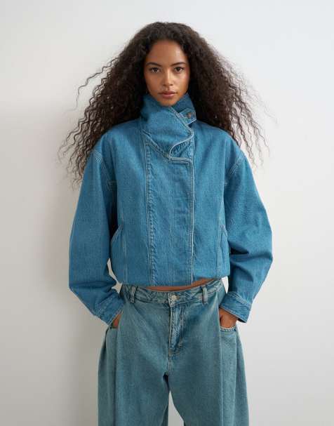 Topshop denim elastic waistband bomber jacket in mid green cast - view 1