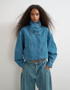 Model wearing Denim elastic waistband bomber jacket in mid green cast 