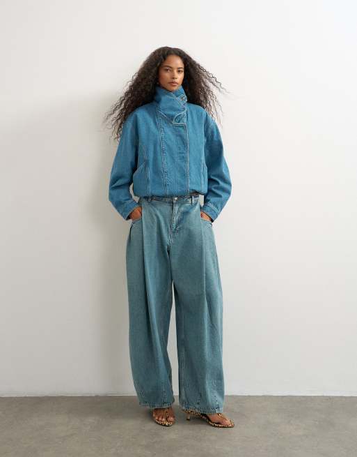 Topshop denim elastic waistband bomber jacket in mid green cast , 2 of 4