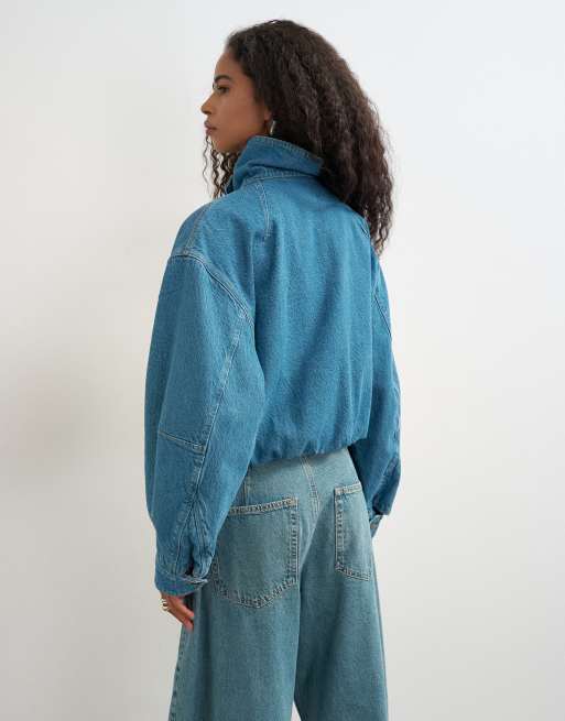 Topshop denim elastic waistband bomber jacket in mid green cast , 4 of 4