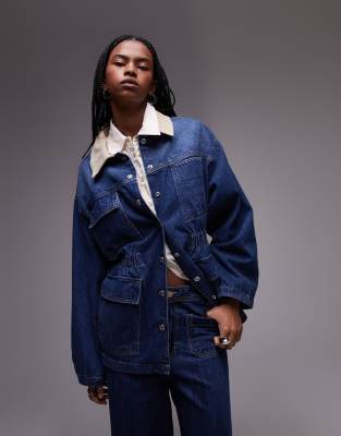 denim elasticated waist barn jacket with cord collar in mid blue