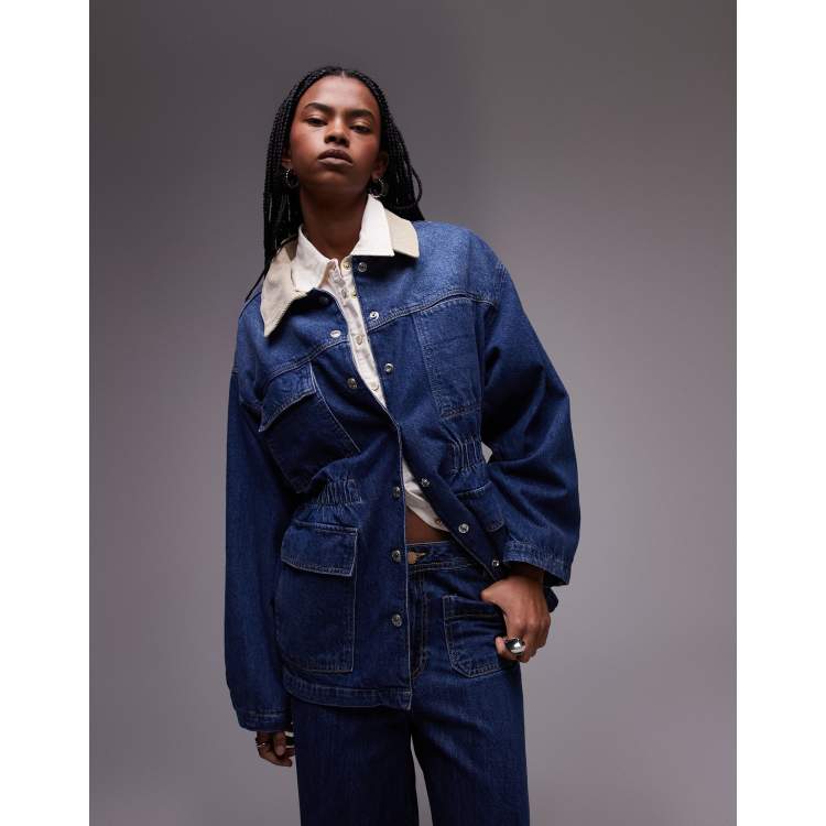 Topshop denim elasticated waist barn jacket with cord collar in
