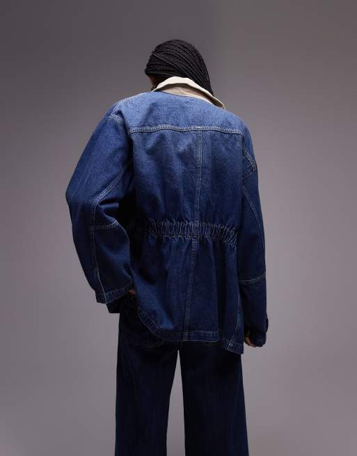 Topshop denim elasticated waist barn jacket with cord collar in mid blue, 4 of 4