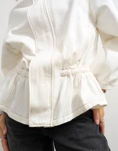 Model wearing Denim elasticated waist funnel sporty track jacket in bone