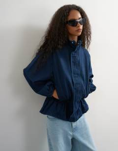 Denim elasticated waist funnel sporty track jacket in indigo