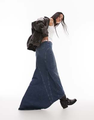 Topshop Denim Fishtail Maxi Skirt In Indigo-blue