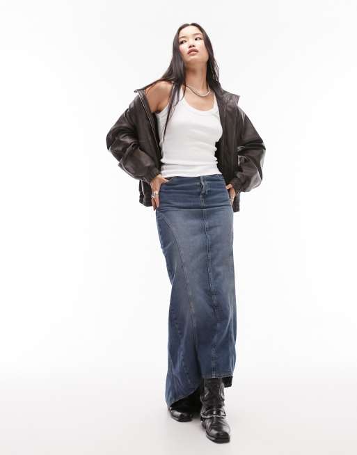 Topshop Tall leather look denim styled maxi skirt in black, ASOS in 2023