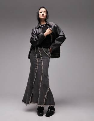 denim fishtail skirt with raw seams in gray-White