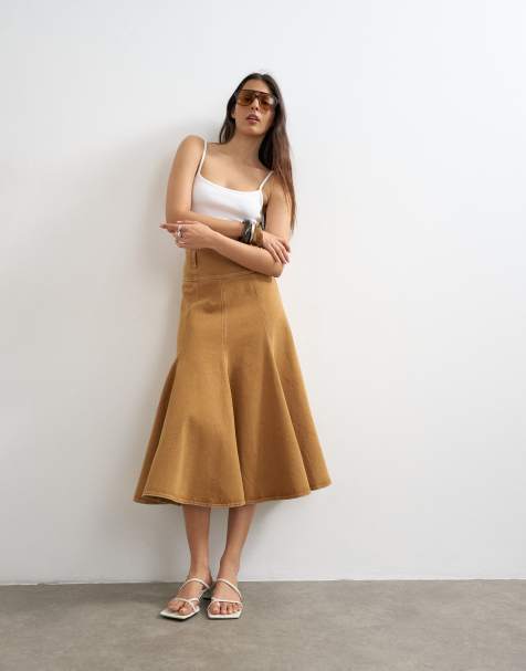 Topshop denim fit and flare midaxi skirt in tobacco - view 1