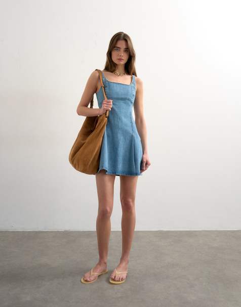 Topshop denim flippy seamed pleat hem mini dress in bleach - view 1