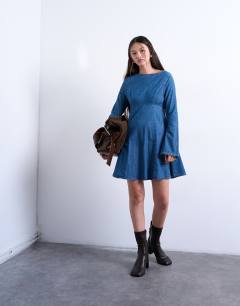 Denim flute sleeve mini dress in mid blue