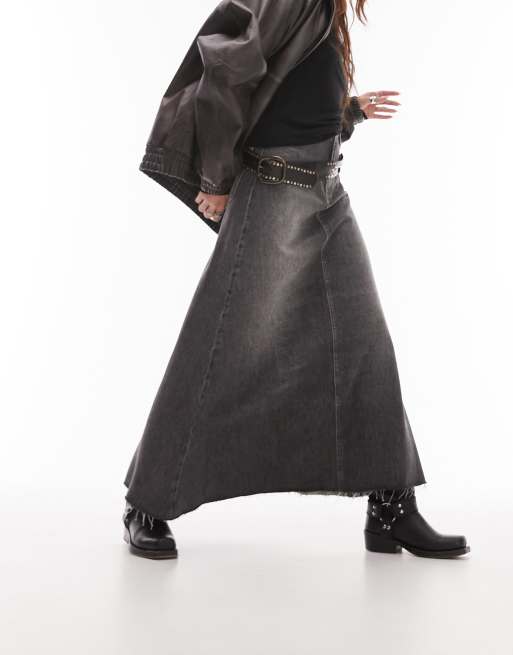 Topshop Tall leather look denim styled maxi skirt in black, ASOS in 2023