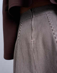 Model wearing Denim full circle maxi skirt in brown stripe