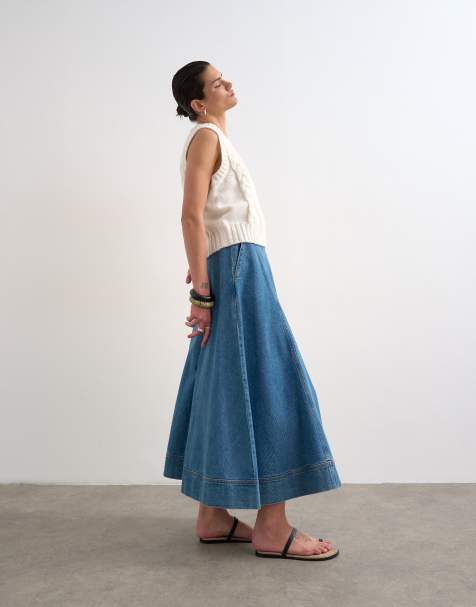 Topshop denim full maxi skirt in mid blue